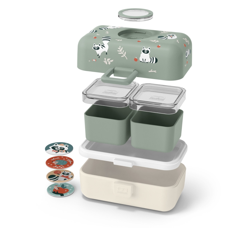 Monbento MB Tresor Green Raccoon – dziecięcy zestaw pojemników na przekąski na wynos