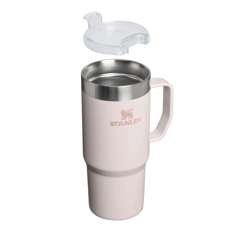 Kubek termiczny Stanley 1913 z uchem, idealny do biura. Różowy kolor Rose Quartz. 470ml pojemności.
